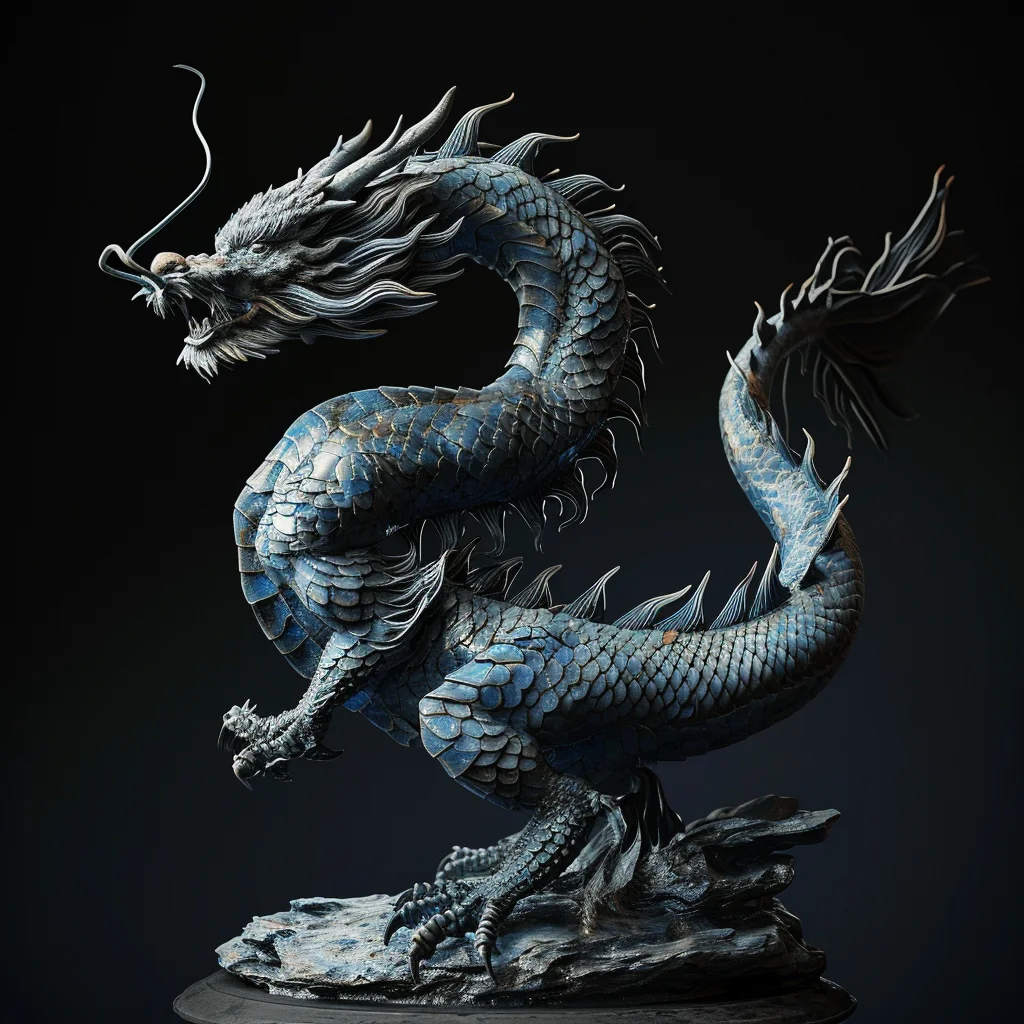 Chinese dragon blue statue 3D art artware fullbody