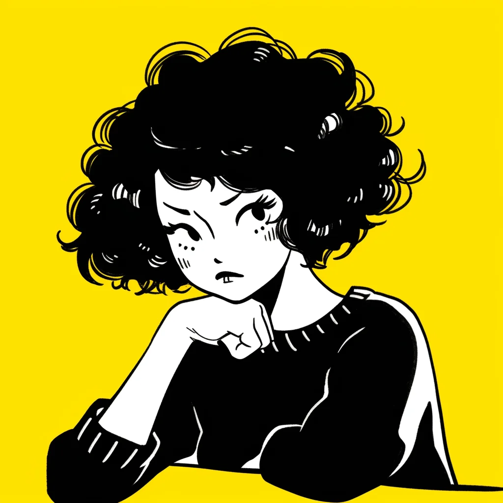 woman lady character curly hair illustration anime unhappy