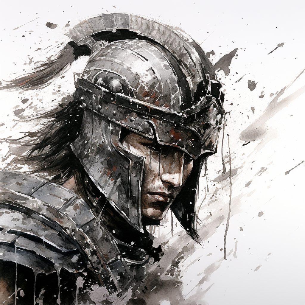 Spartan warrior man helmet face head painting illustration black and white