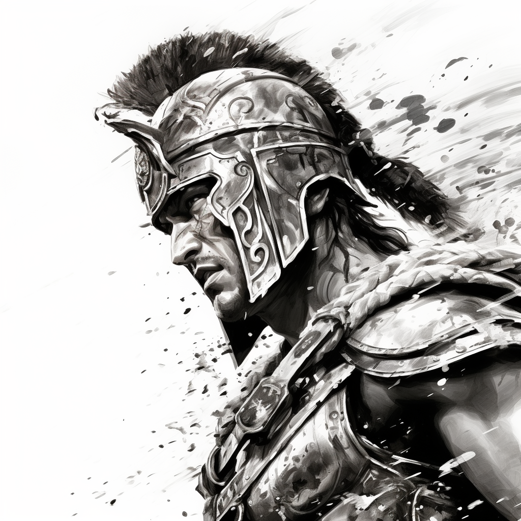 Spartan warrior man helmet head face painting illustration black and white