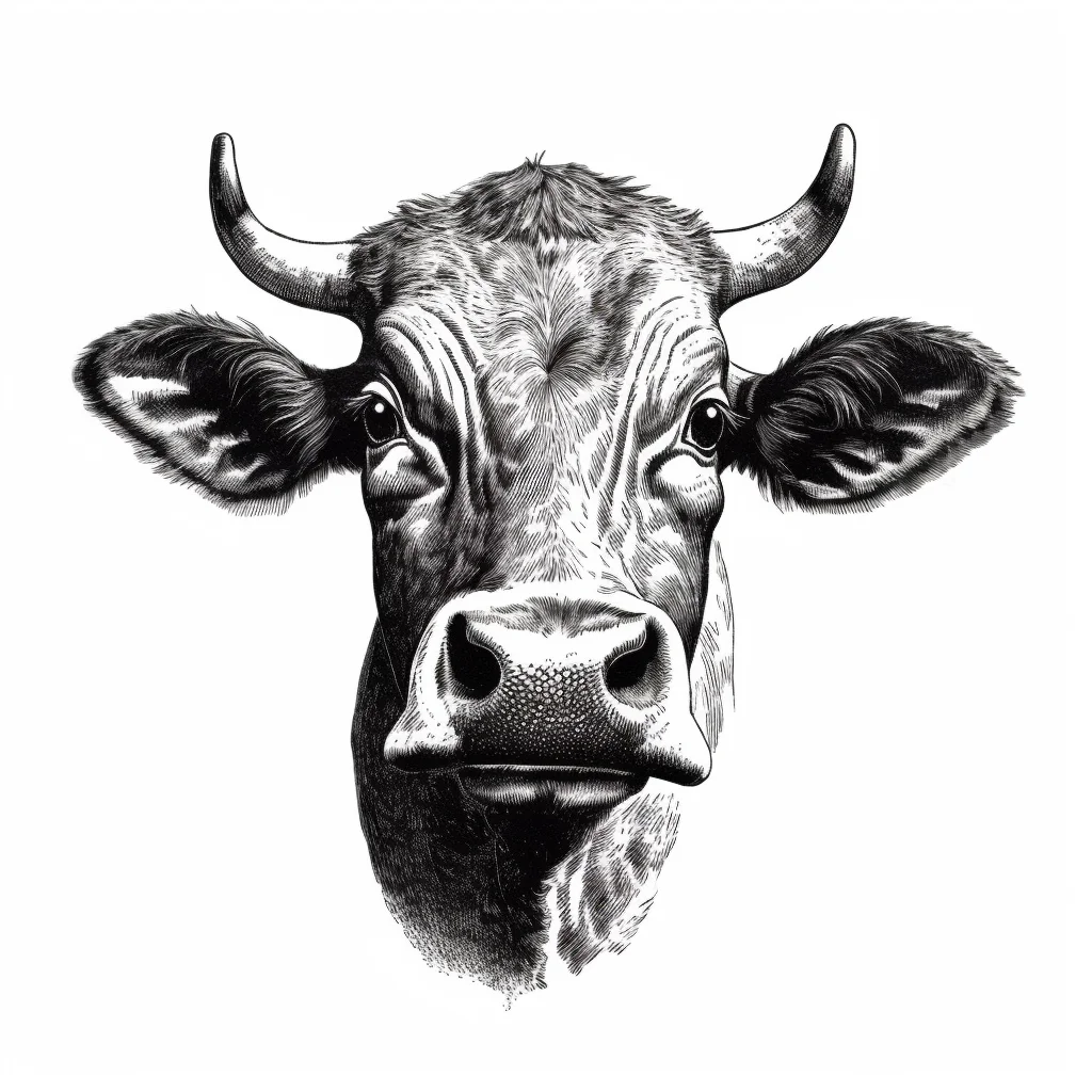cow face head black and white front painting illustration