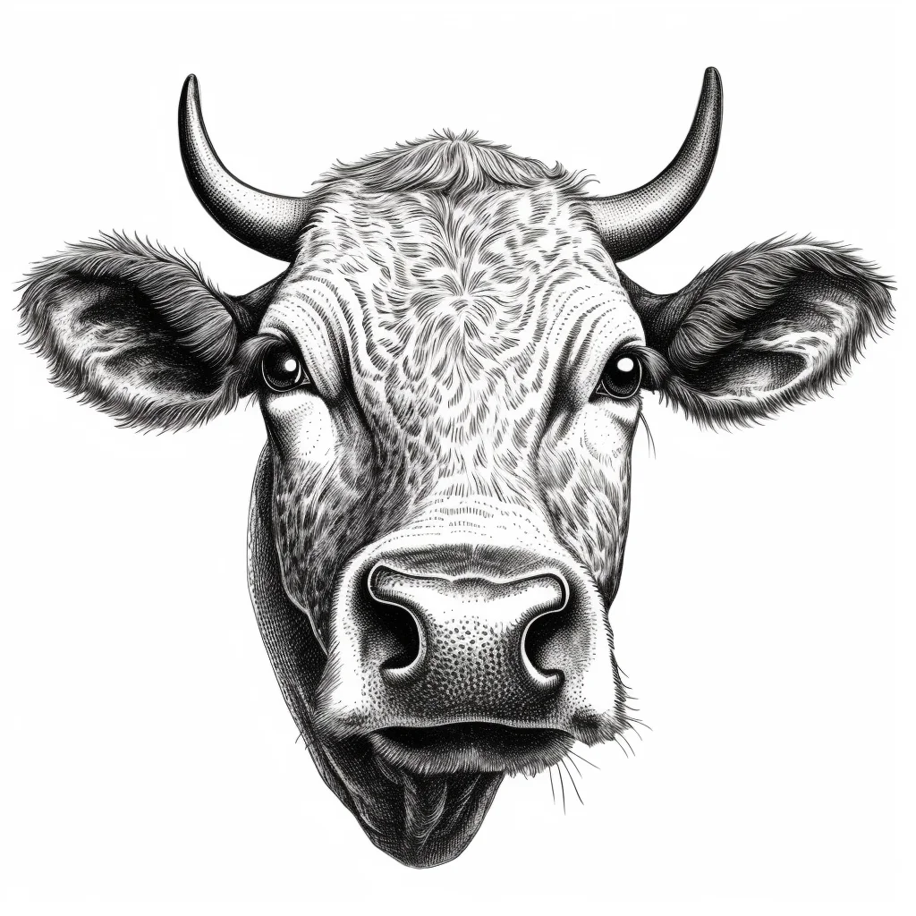 cow face head black and white illustration painting