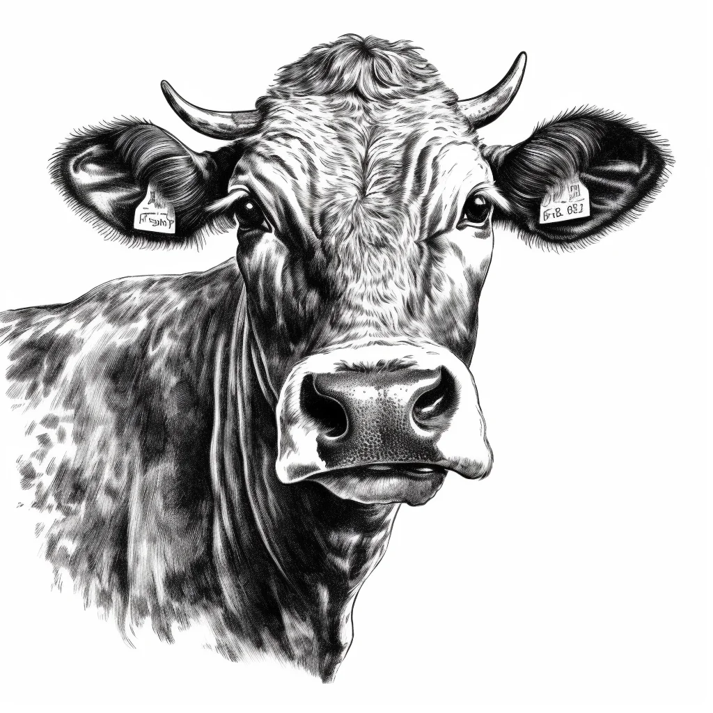 cow face head black and white painting illustration