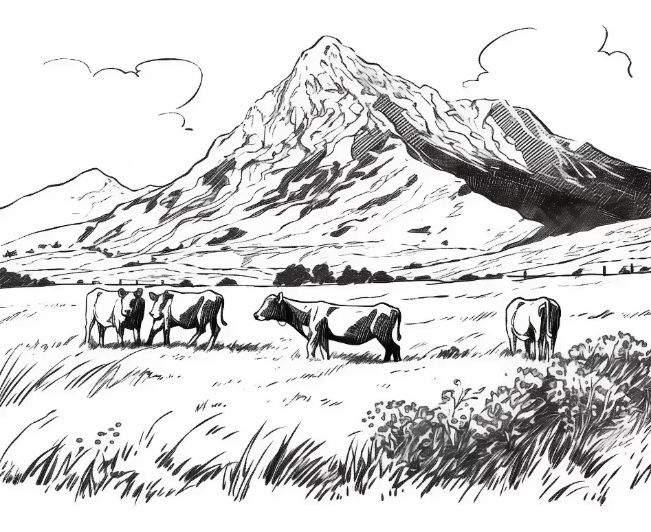 cow grazing mountain pasture landscap sketch drawing illustration cattle