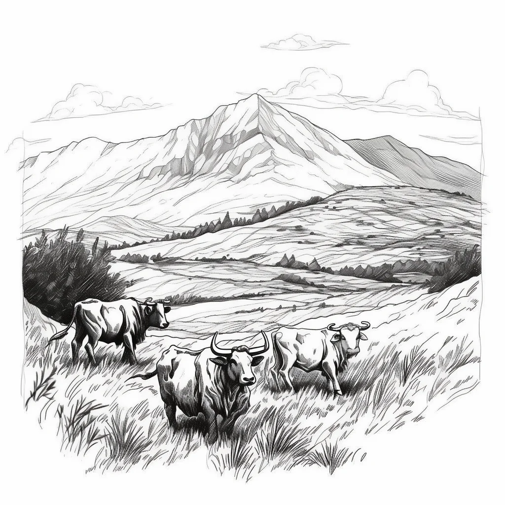 cow grazing mountain landscap sketch drawing illustration graze