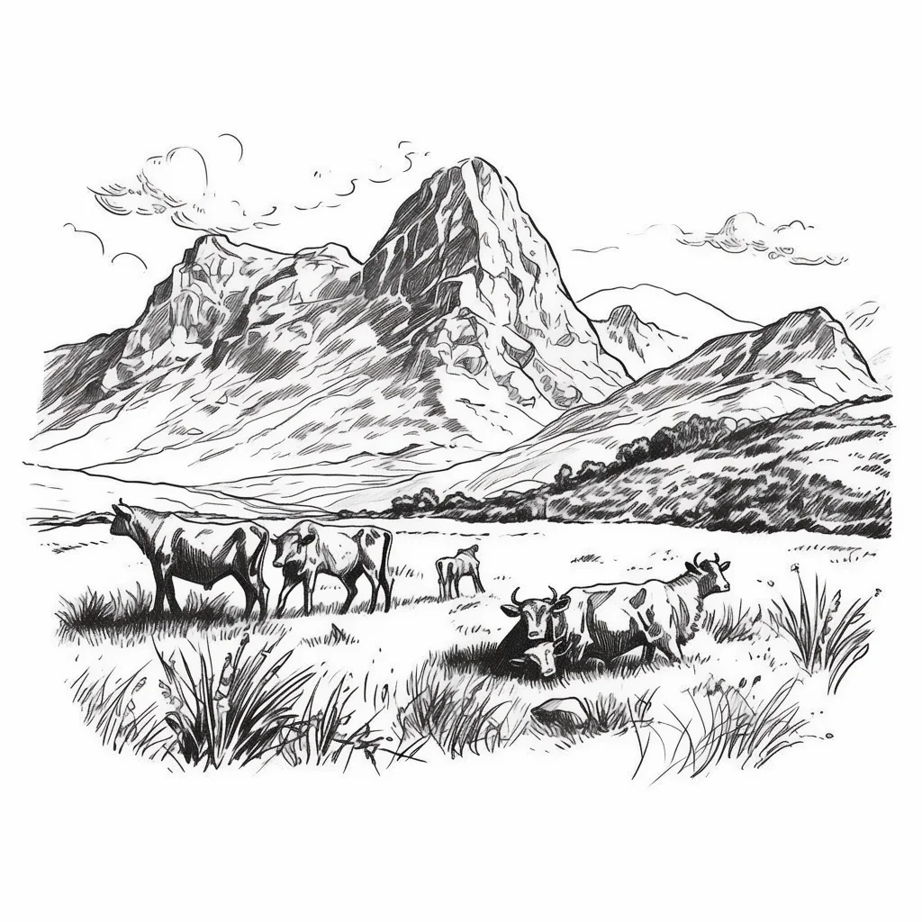 cow grazing mountain landscap sketch drawing illustration pasture graze
