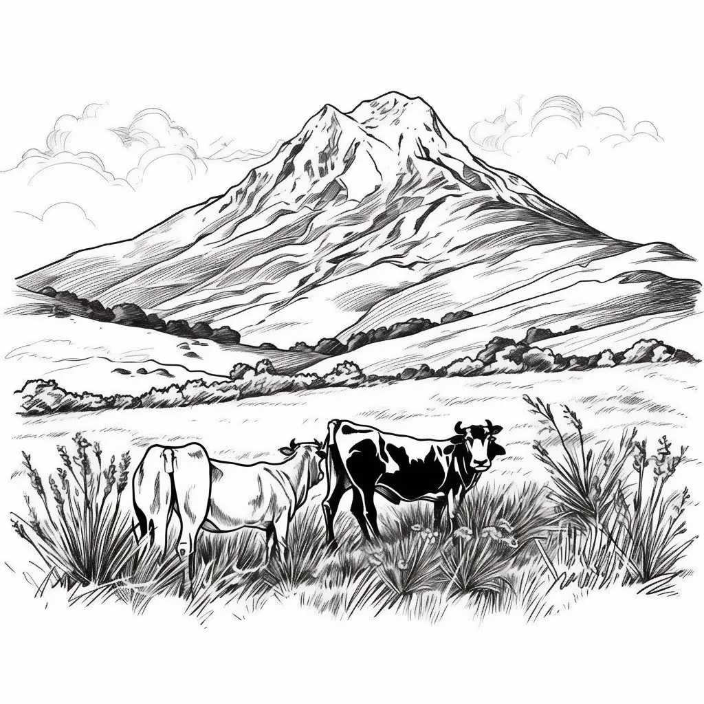 cow grazing mountain landscap sketch drawing illustration pasture