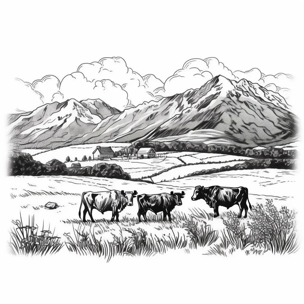 cow grazing mountain landscap sketch drawing illustration