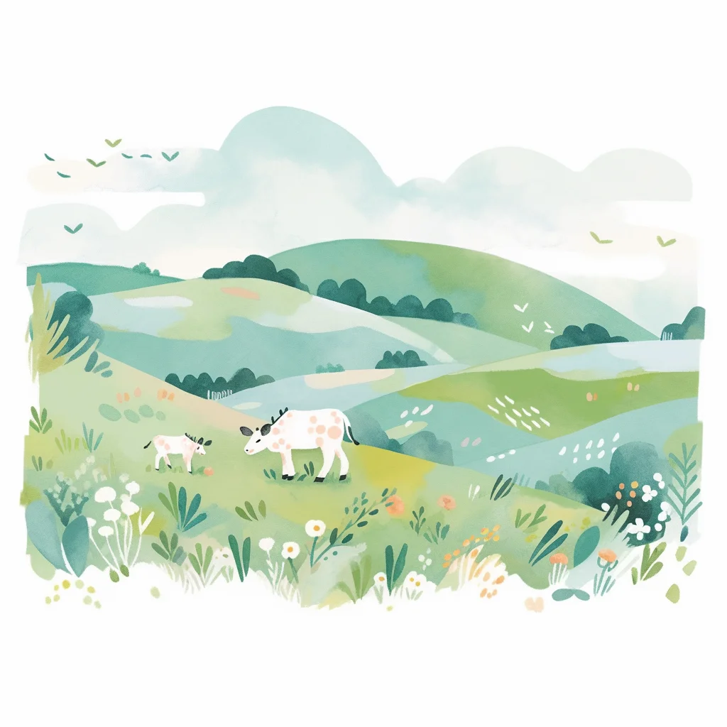 illustration simple green grass flower cow grazing drawing painting ink wash