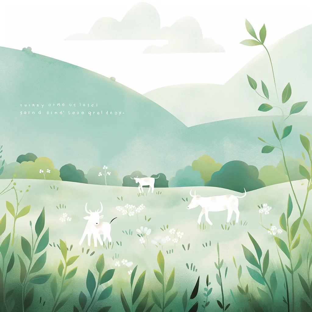 cow illustration simple green plant flower grazing drawing ink wash painting