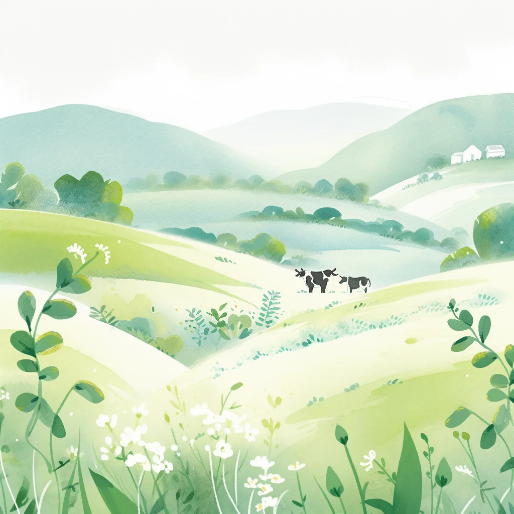 cow illustration simple green plant flower grazing drawing ink water painting