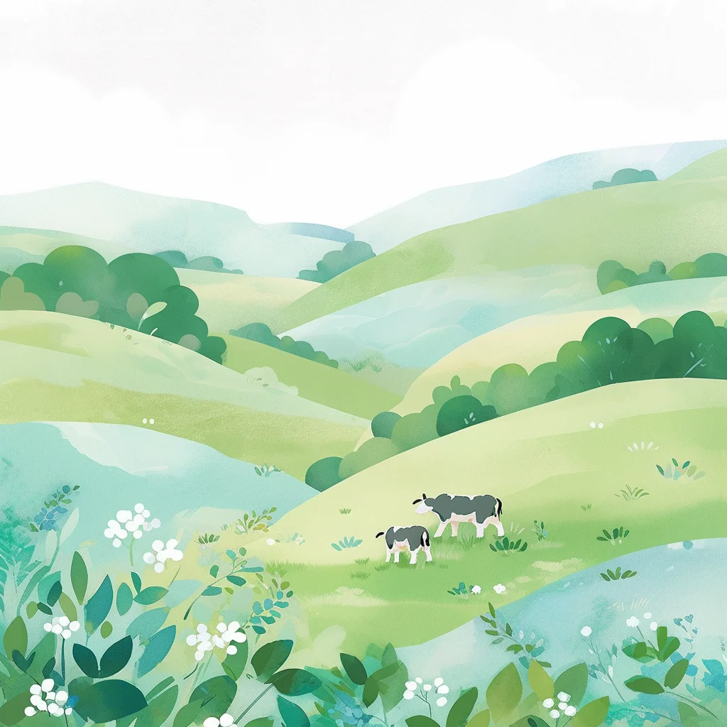 cow illustration simple green plant flower grazing drawing painting ink wash