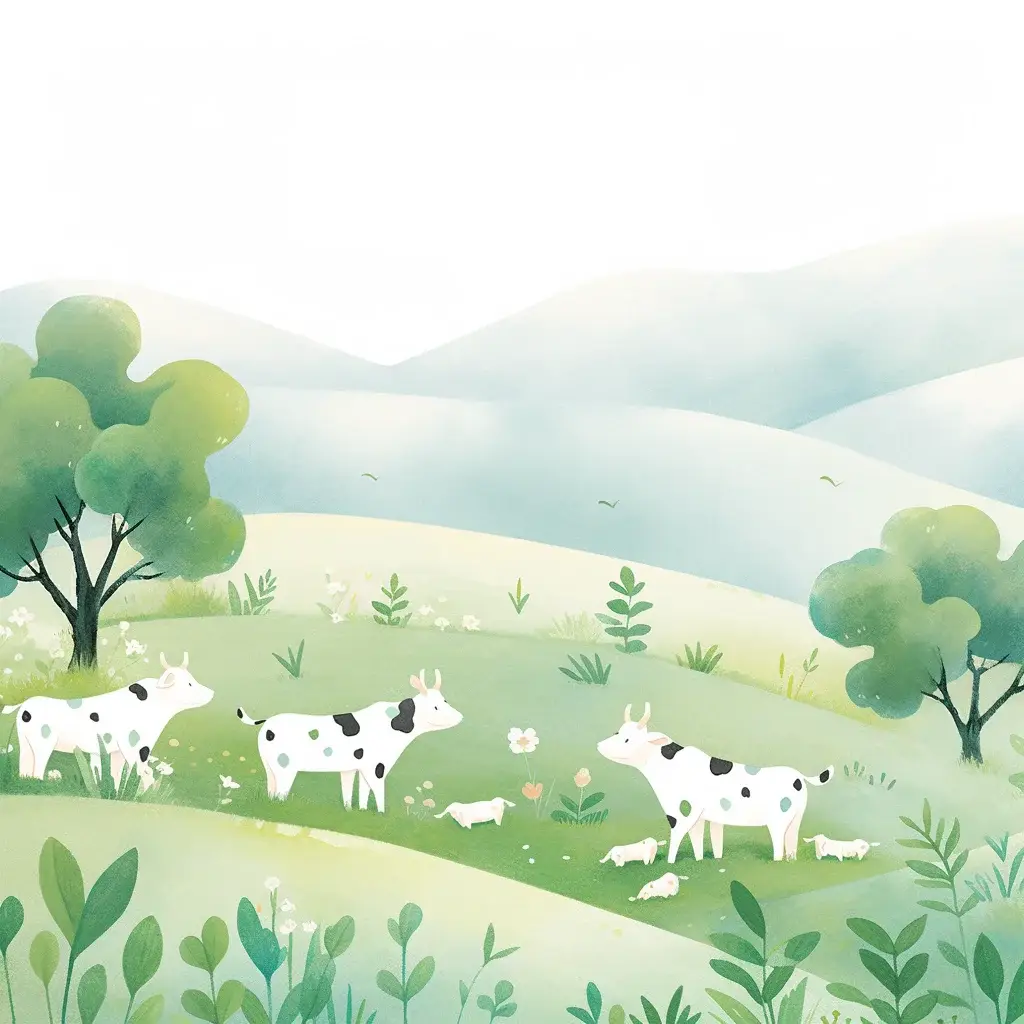 cow simple illustration green plant flower grazing drawing painting ink wash