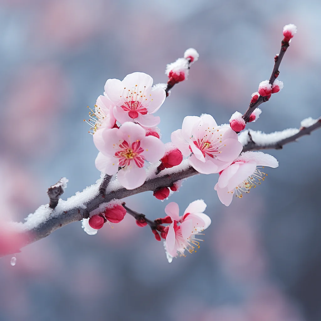 flower pink petal plum blossom winter snow photography