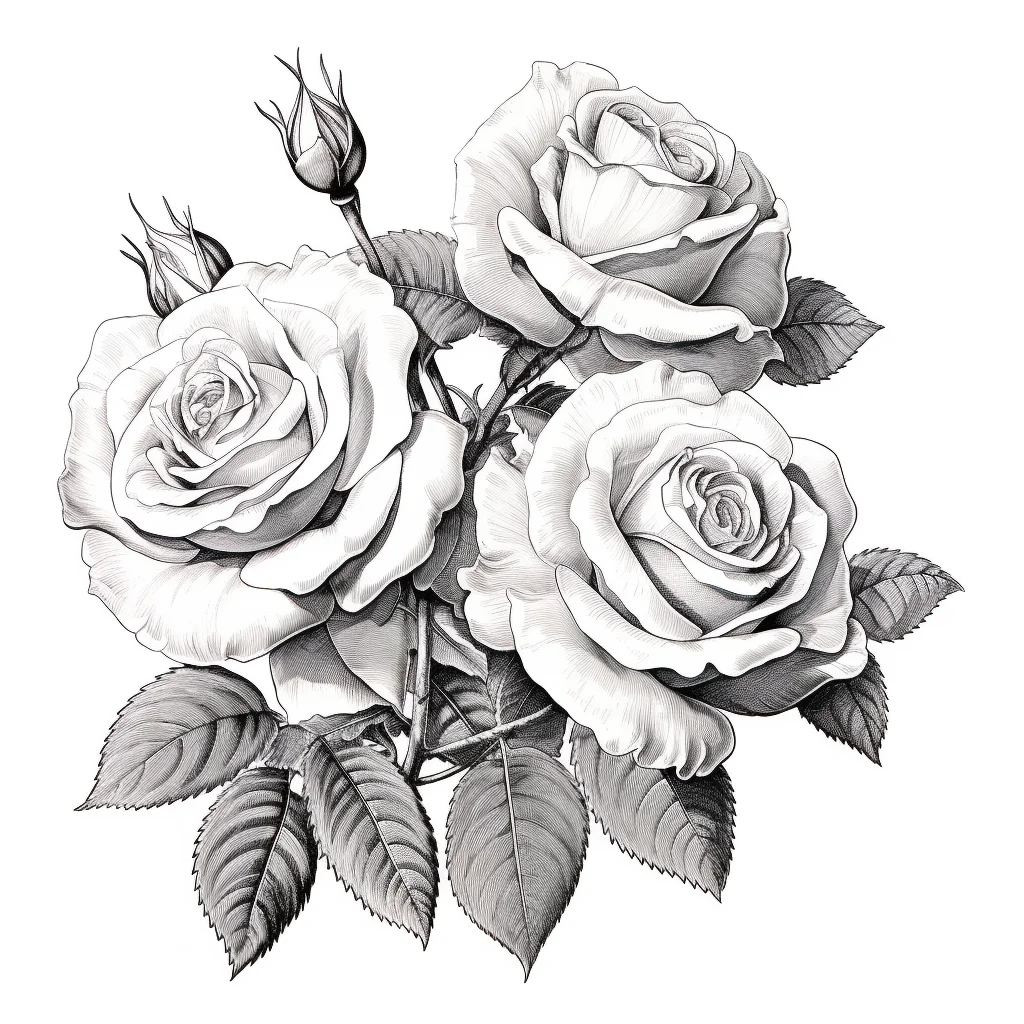 flower rose leave leaf illustration painting black and white