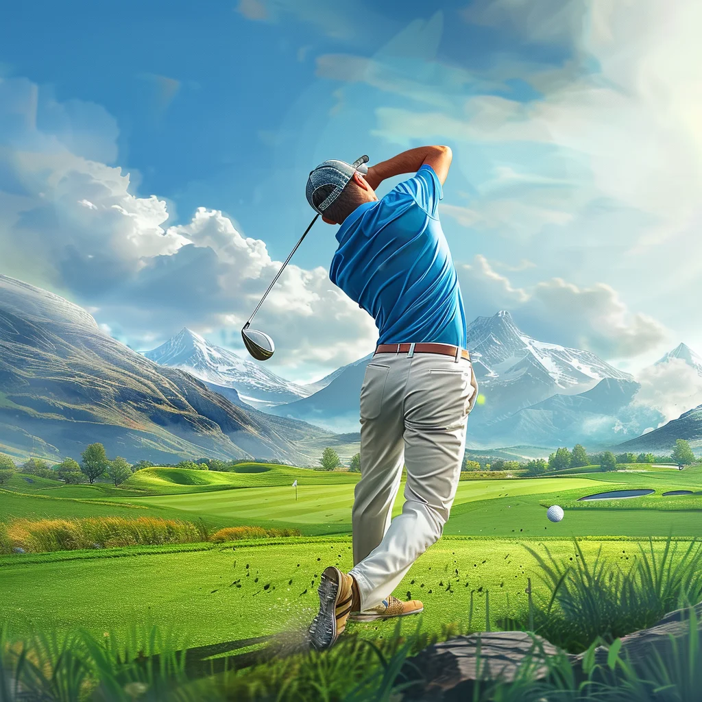 gentleman play golf course green man back sunshine greensward sky painting