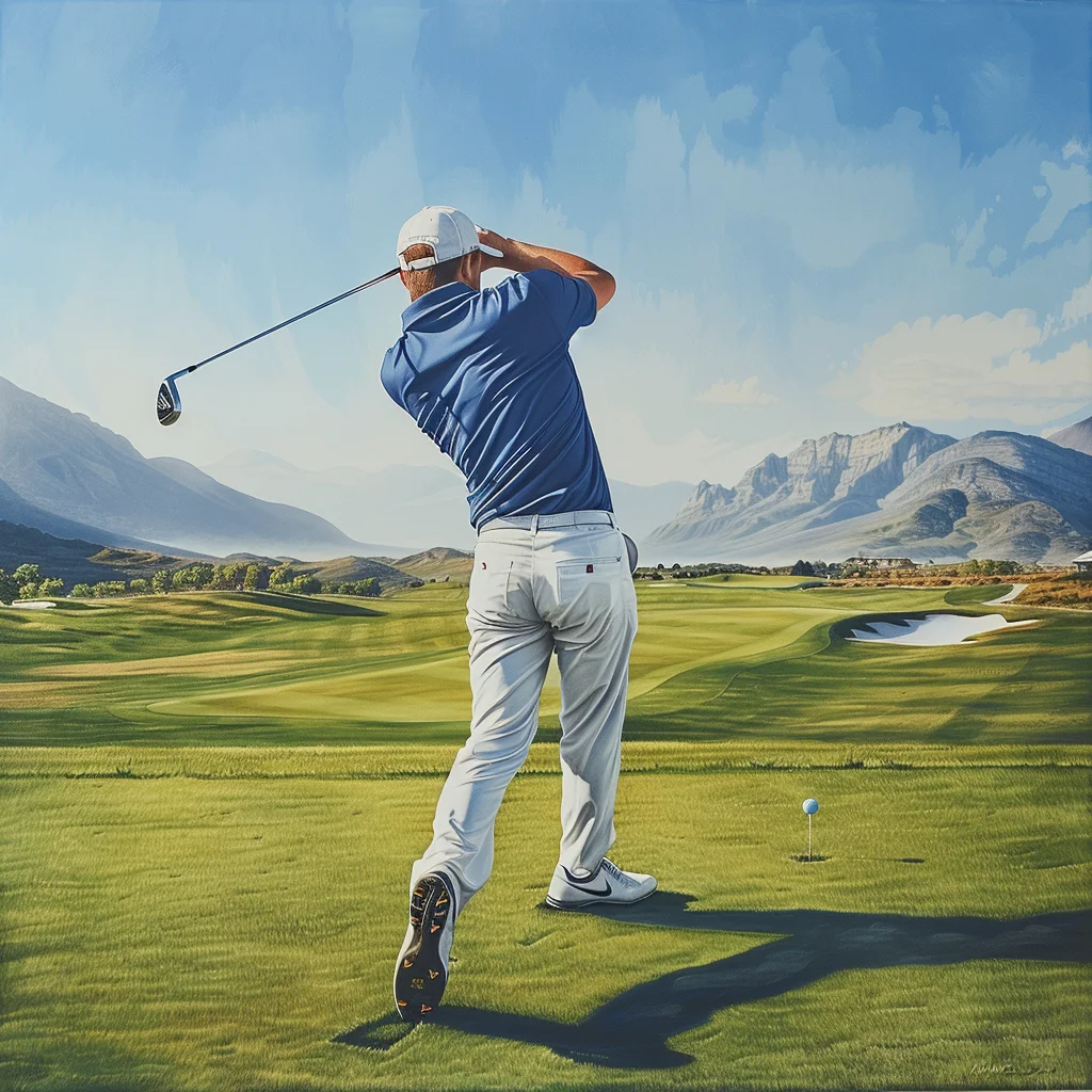 gentleman play golf green man back sunshine greensward sky painting grass
