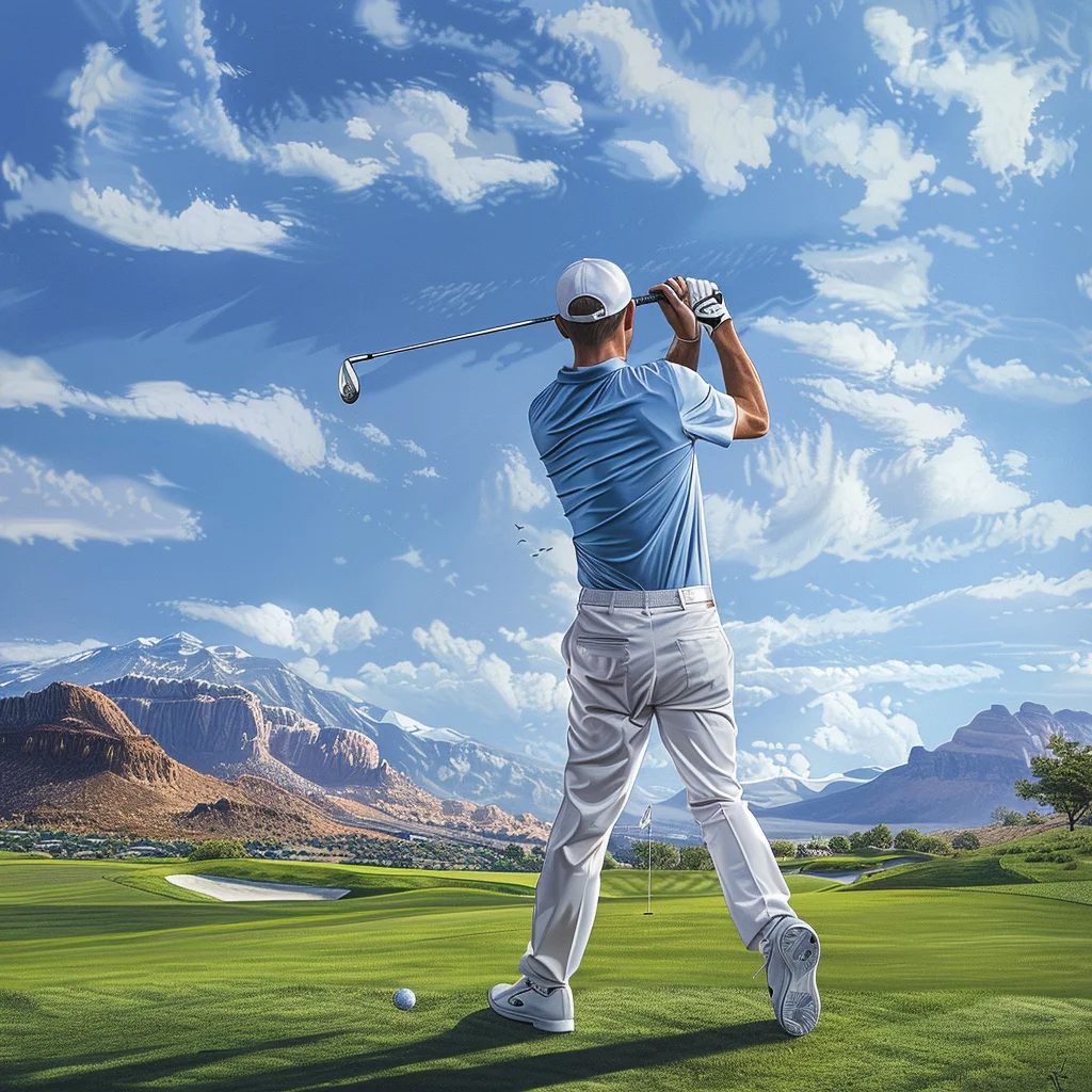 gentleman play golf green man back sunshine greensward sky painting