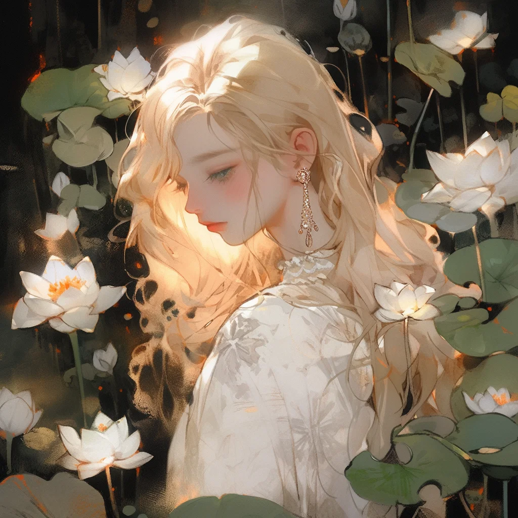 girl golden gold hair lotus leaf anime painting