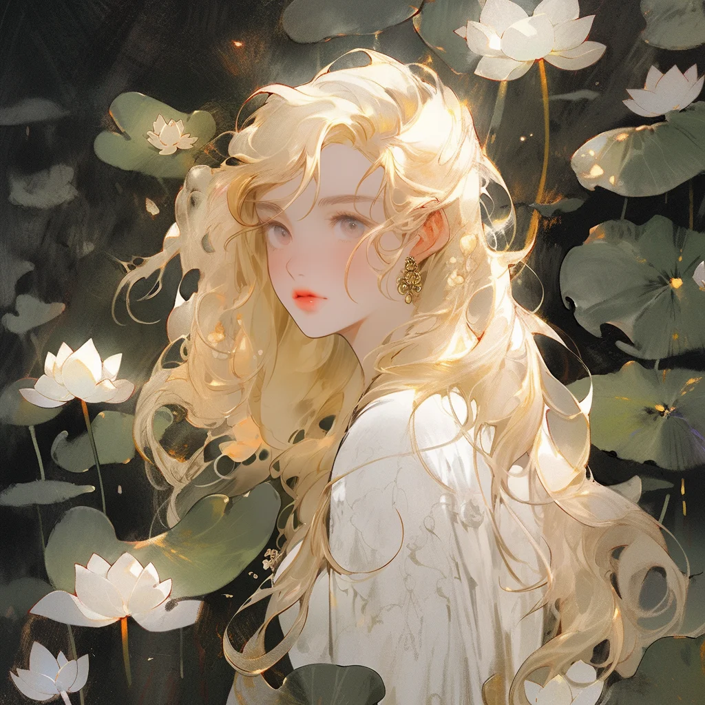 girl golden gold hair lotus leaves anime painting