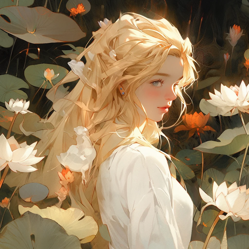 girl lady golden gold hair lotus leaves anime painting