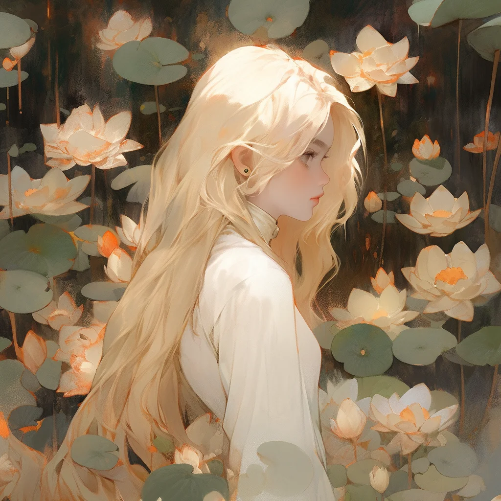 girl woman golden gold hair lotus leaves anime painting