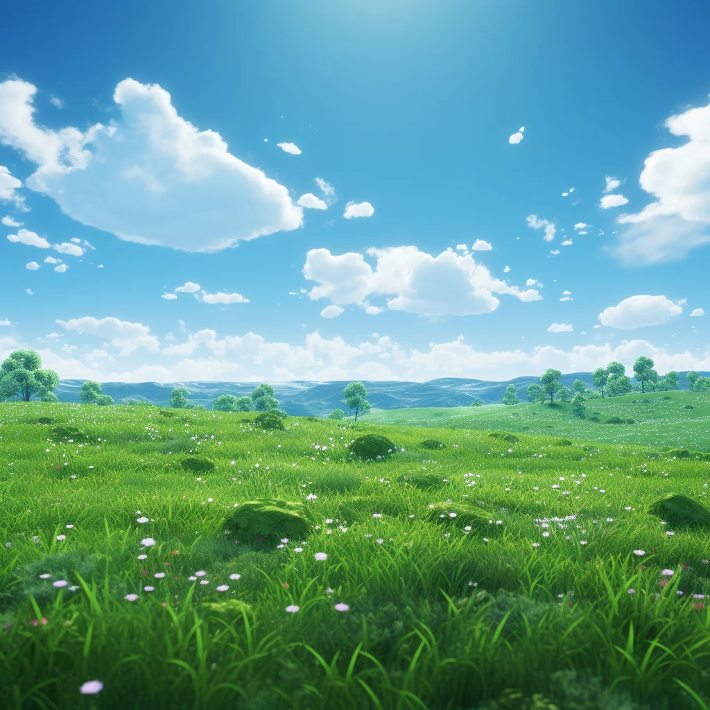 grass green field anime nature sky sunny meadow