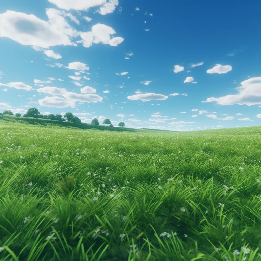 grass green field anime nature sky sunny pasture