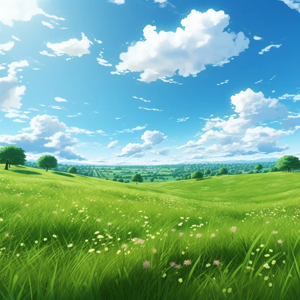 grass green field anime nature sky sunny