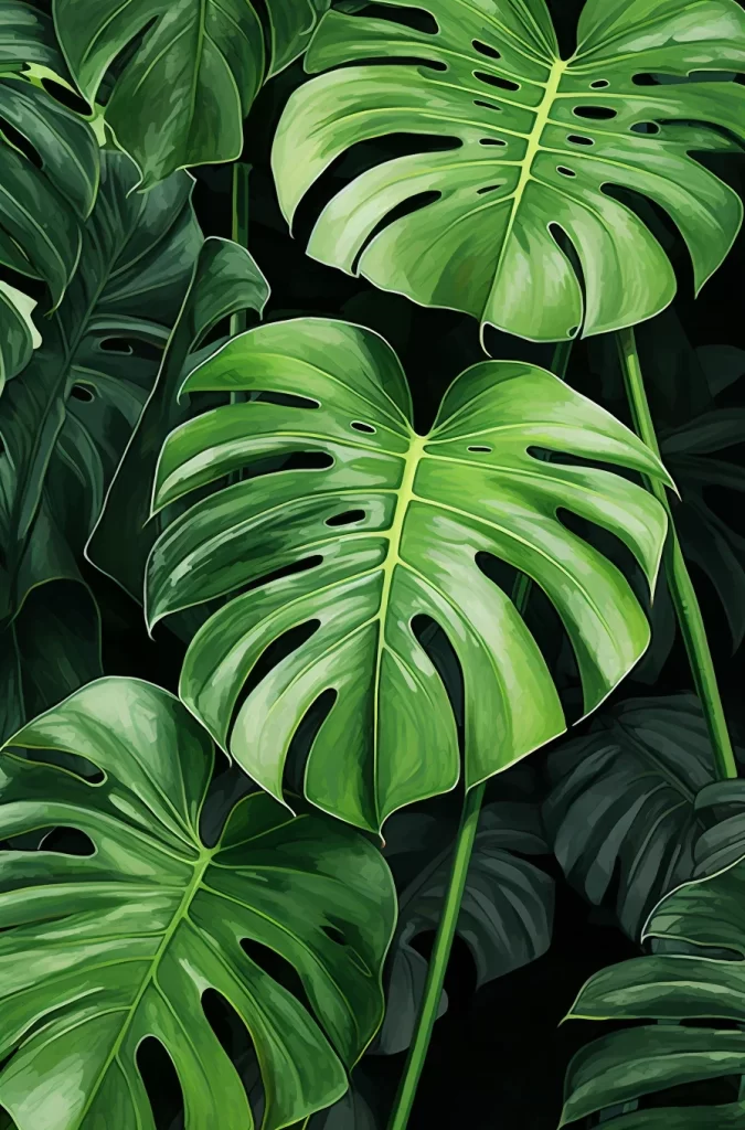 green monstera leaves drawing painting