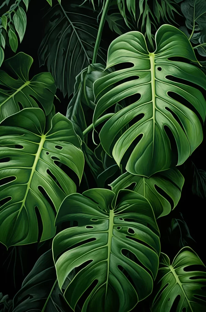 green monstera leaves plant leaf drawing painting