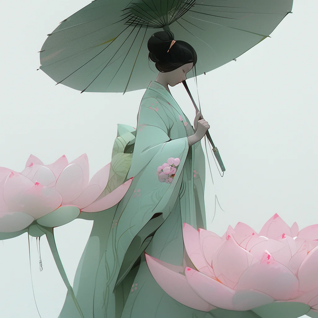 lady geisha woman green umbrella lotus flower kimono 3d illustration