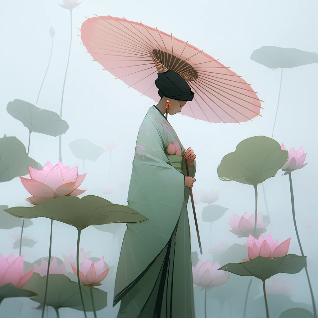 lady geisha woman green umbrella lotus flower kimono illustration