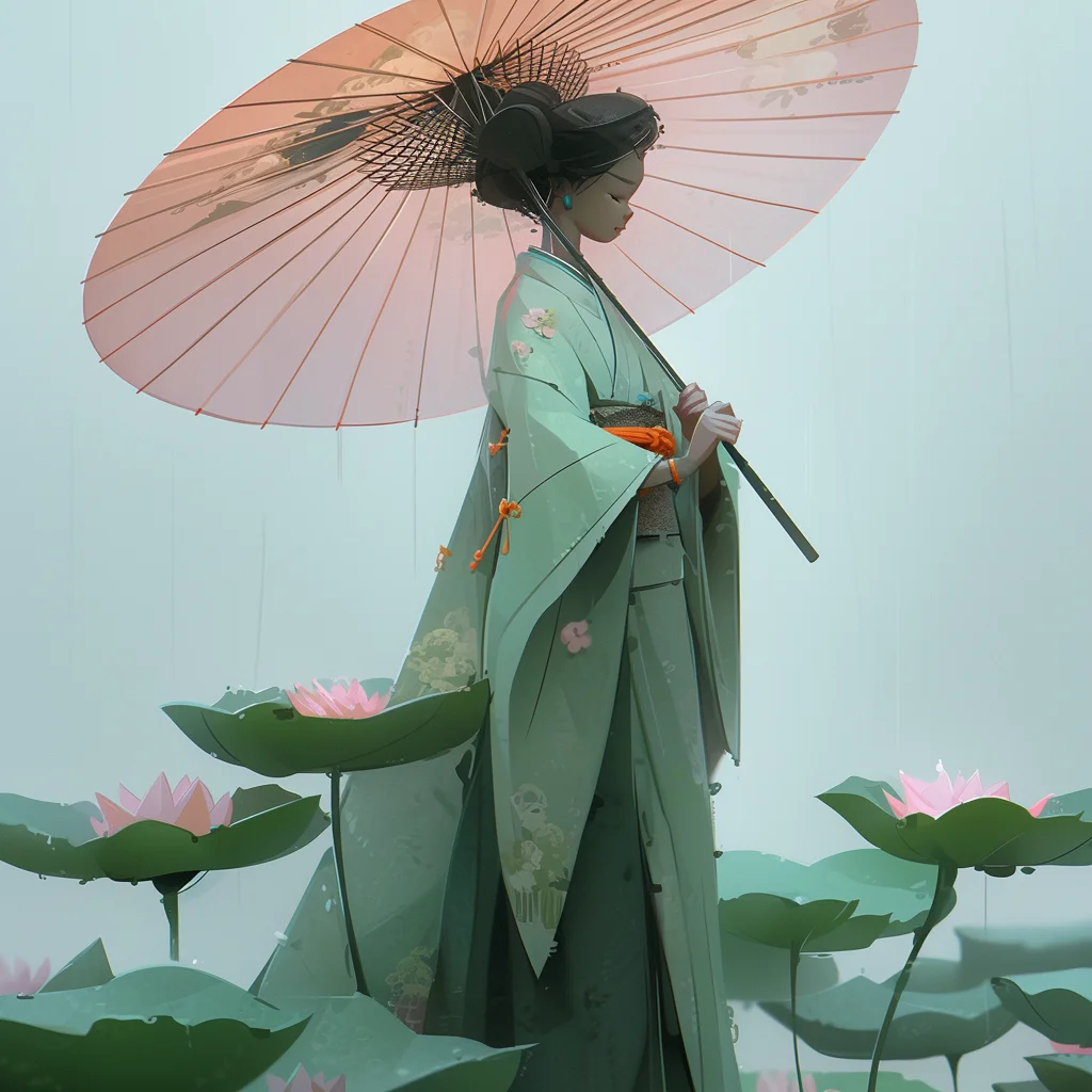 lady geisha woman green umbrella lotus kimono 3d illustration