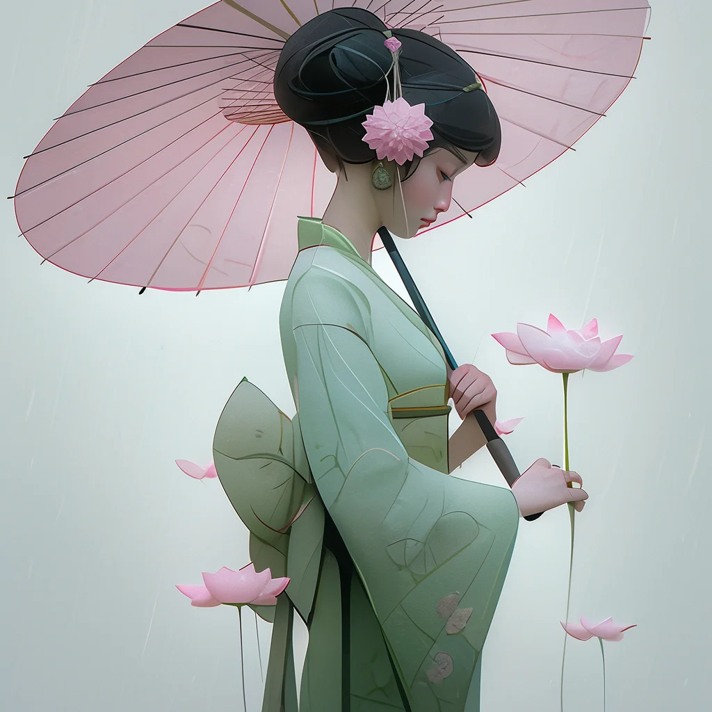 lady geisha woman green umbrella lotus kimono illustration