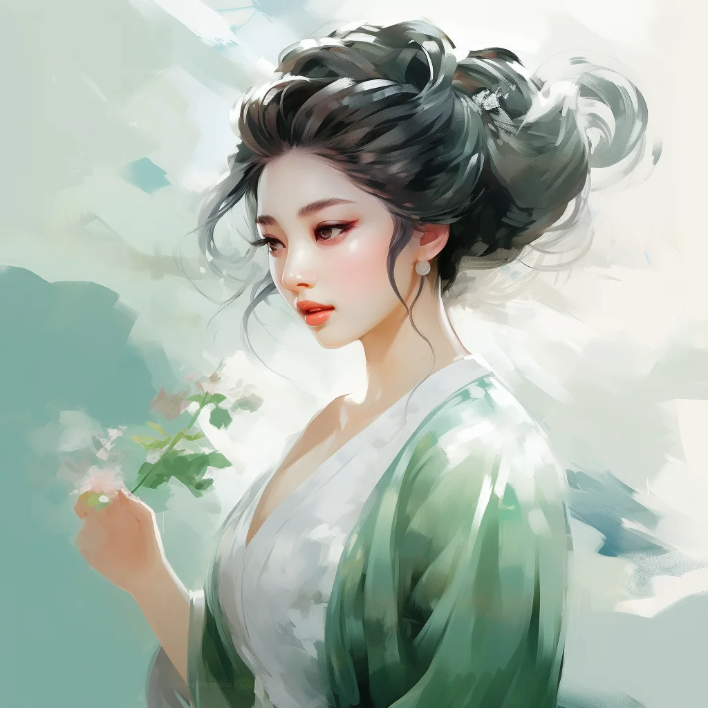 lady woman fairy profile mint green flower painting ink brush