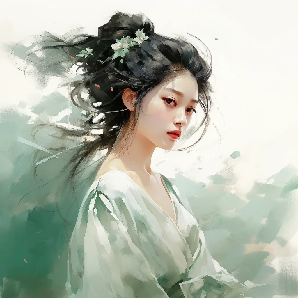 lady woman fairy profile mint green flower painting ink wash brush