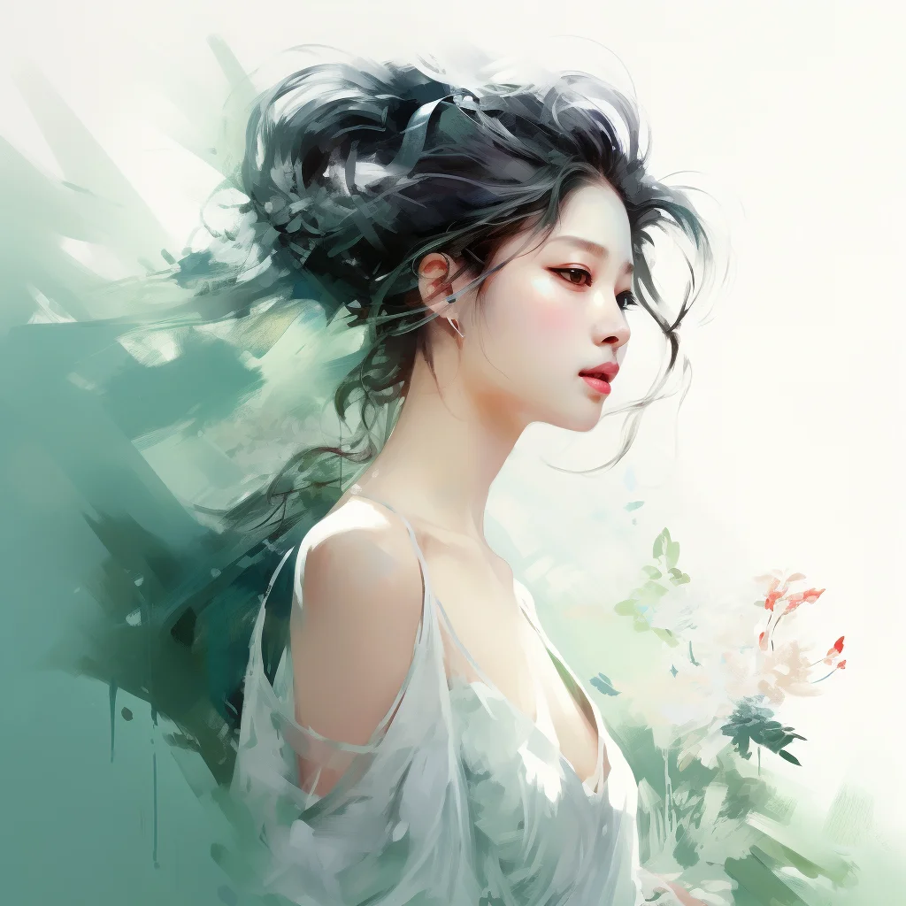 lady woman fairy profile mint green flower painting ink water brush