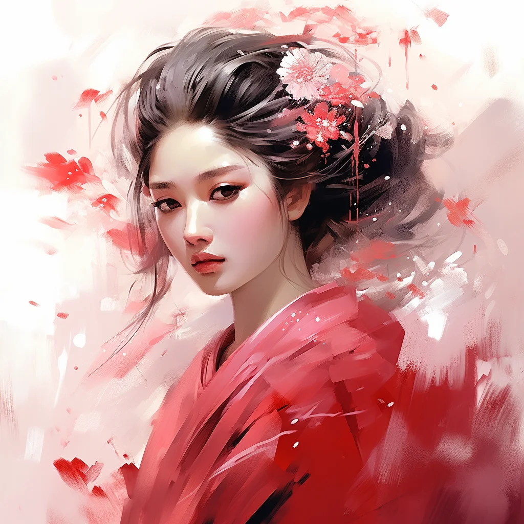 lady woman fairy profile red flower brush painting ink