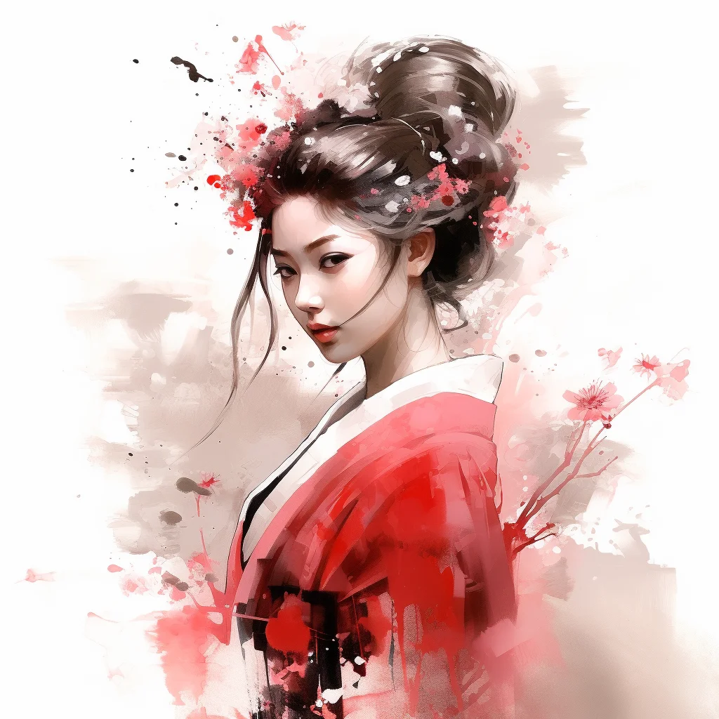 lady woman fairy profile red flower painting ink brush