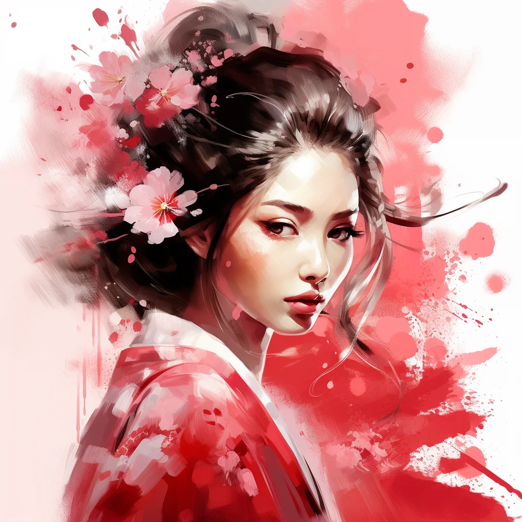 lady woman fairy profile red flower painting ink water brush