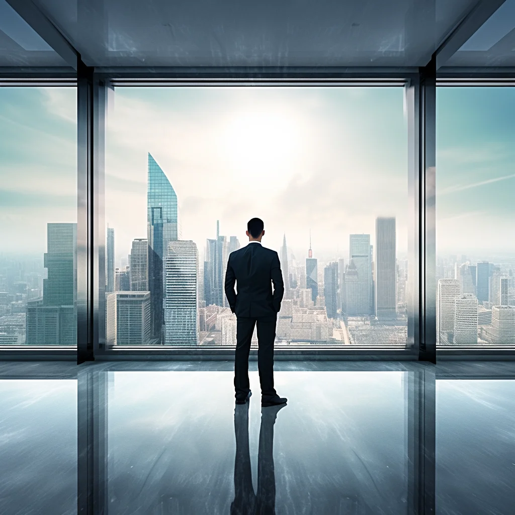 man boss stand business back city skyline sky window