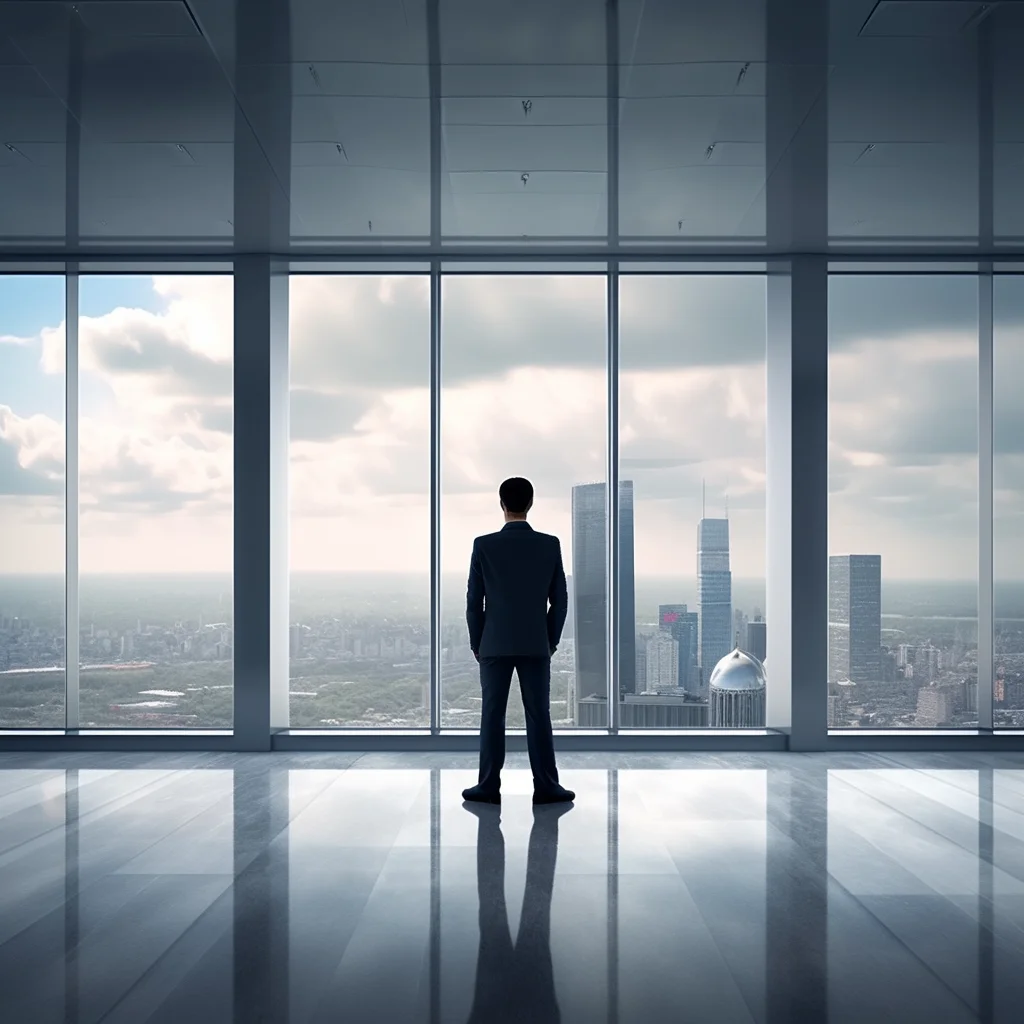 man boss stand business back city window skyline sky