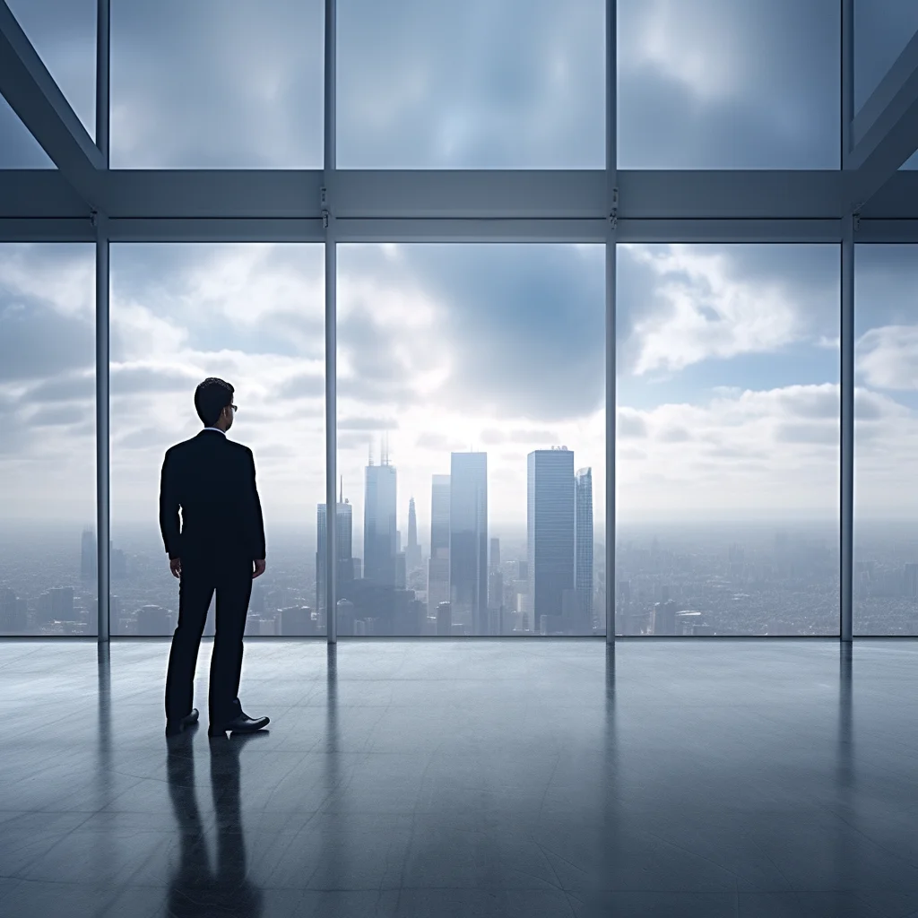 man boss stand business suit back city skyline sky window