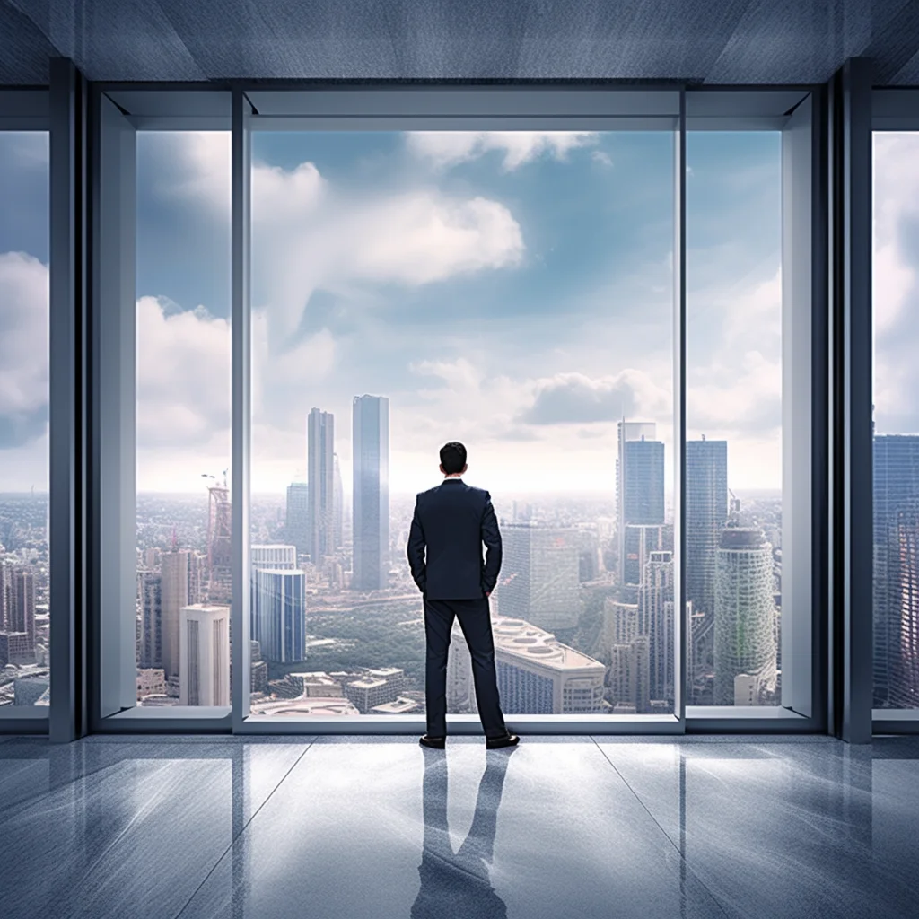 man boss stand business suit back city window skyline sky