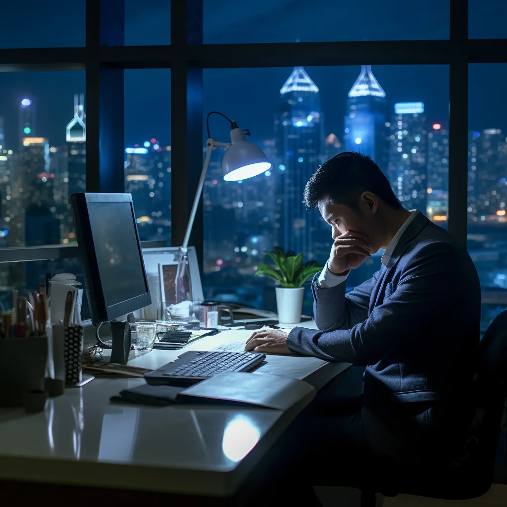 man overtime extra work night midnight tired official photography