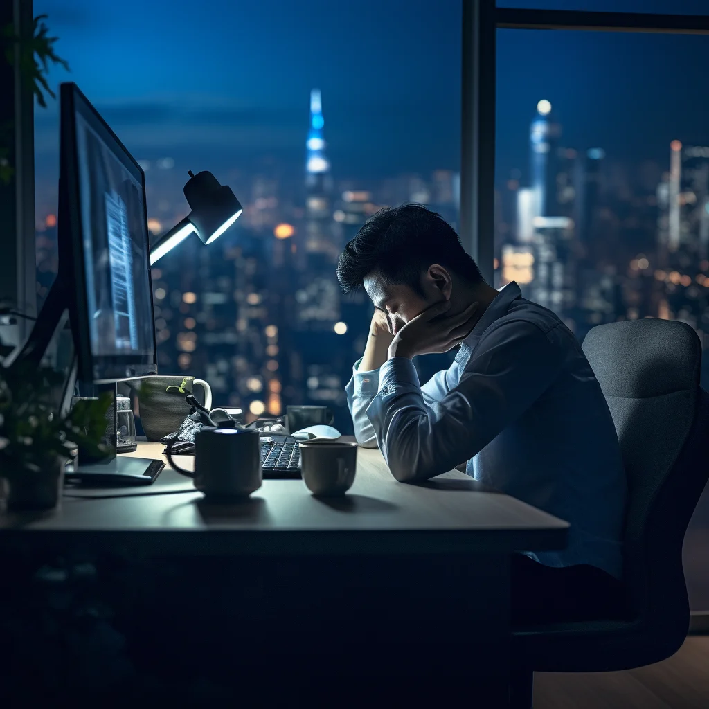 man overtime extra work night tired official photography