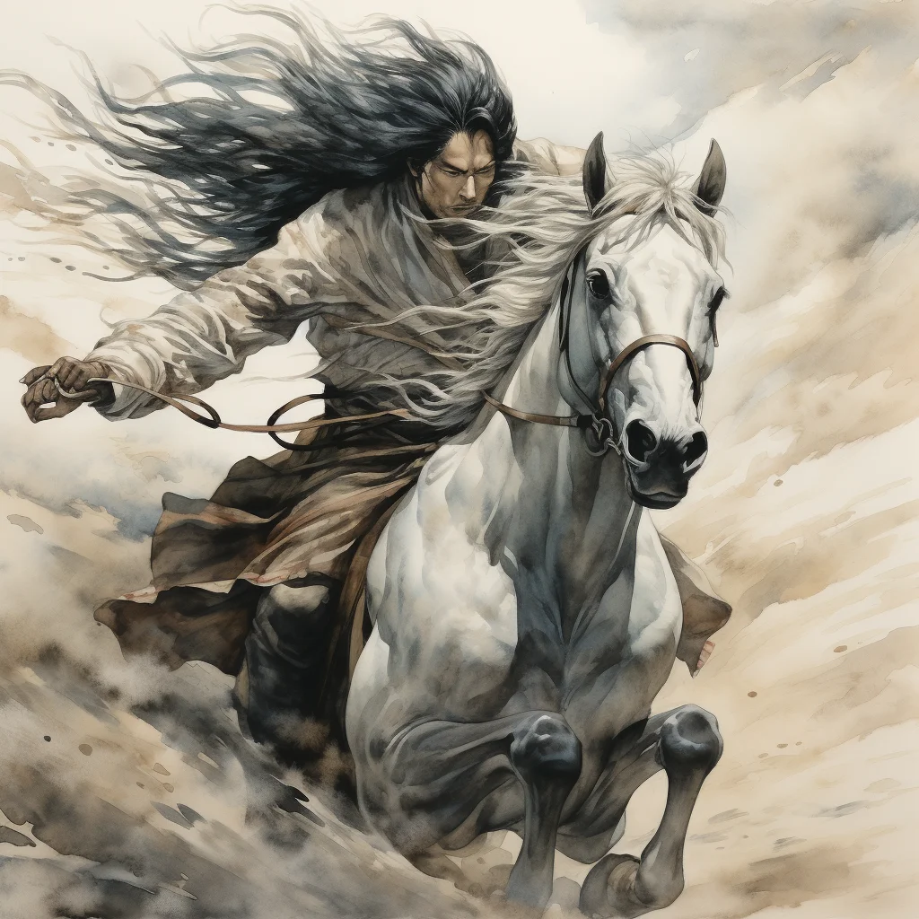 man ride horse ink painting Chinese warrior