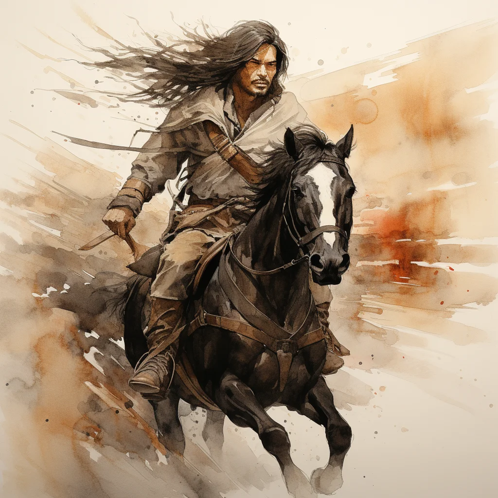 man ride horse ink painting warrior