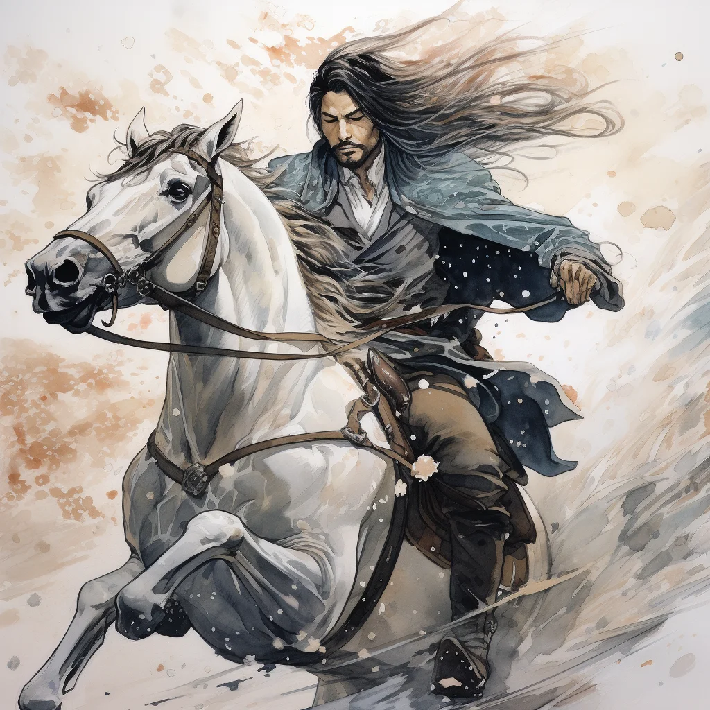 man ride horse ink painting